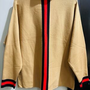Boutique Tan Sweater with Red and Black Stripes
